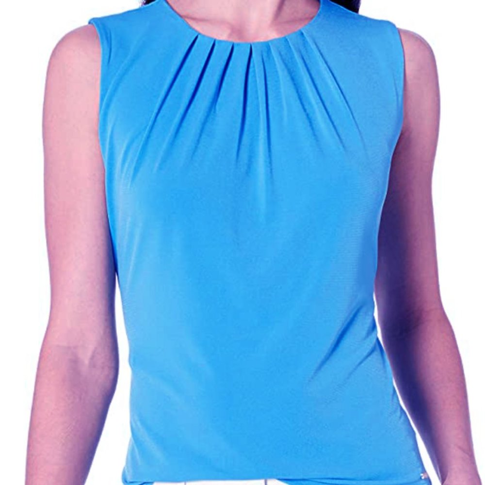 CALVIN KLEIN Blue turquoise Pleated Scoopneck Sleeveless Top (S)